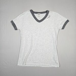 VS PINK Bling Sequin Logo Gray Ringer V-Neck Tee Shirt Size Medium